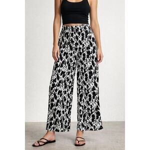 Joie Flowy Wide-Leg Pants Women's Large Black White Abstract Print Elastic Waist
